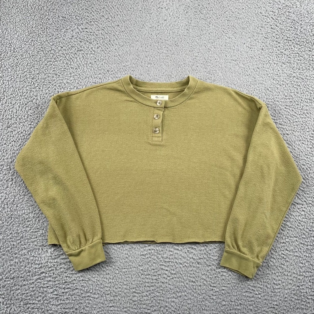 Madewell Sweatshirt Womens S Green Henley Cropped Raw Hem‎ Long Sleeve Textured